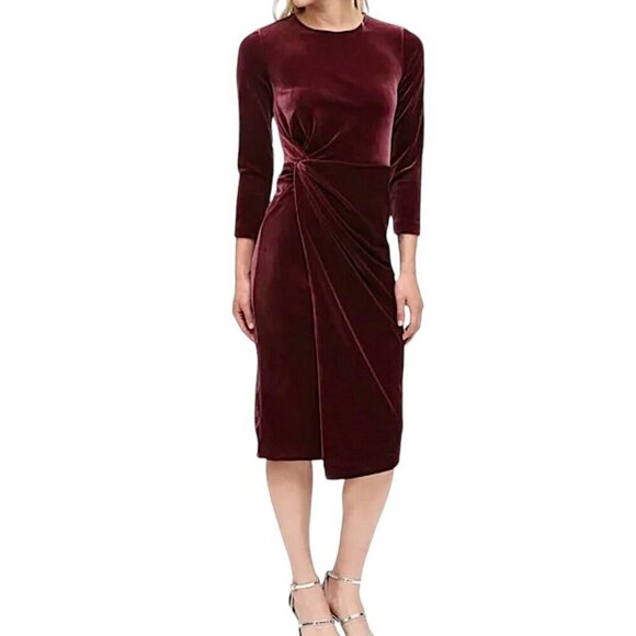 BANANA REPUBLIC Long Sleeve Stretch Velvet Twist Midi Dress in Wine Burgundy - Picture 2 of 11